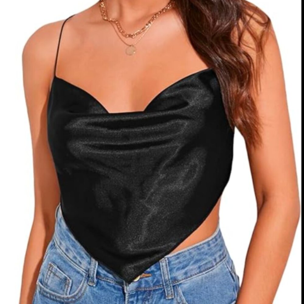 Wild Fable Black Satin Halter Crop Top
